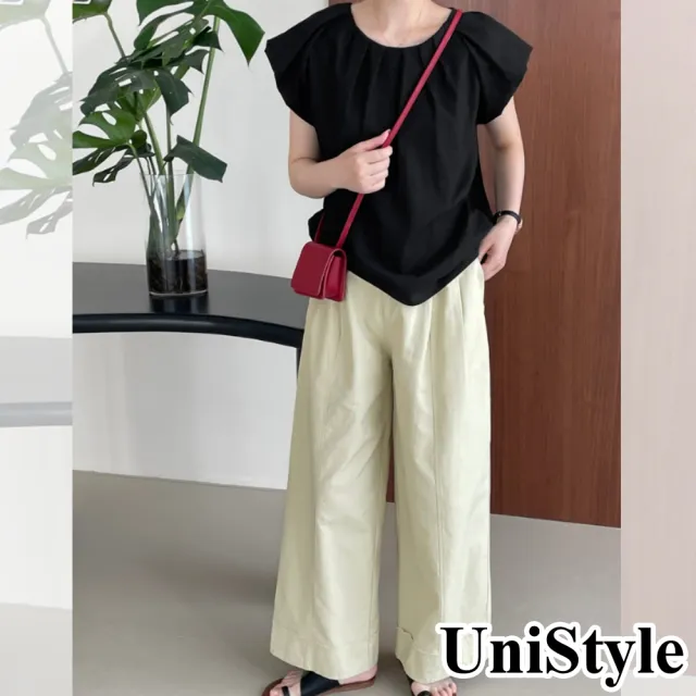 【UniStyle】小飛袖襯衫 韓版棉麻壓摺短袖上衣 女 WT7131(黑)