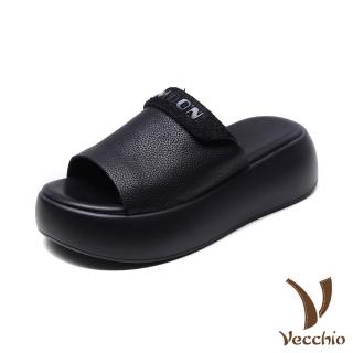 【Vecchio】真皮拖鞋 厚底拖鞋/真皮頭層牛皮輕量厚底個性印字拖鞋(黑)