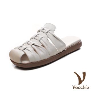 【Vecchio】真皮拖鞋 平底拖鞋/真皮頭層牛皮手工編織縷空包頭平底拖鞋(米)
