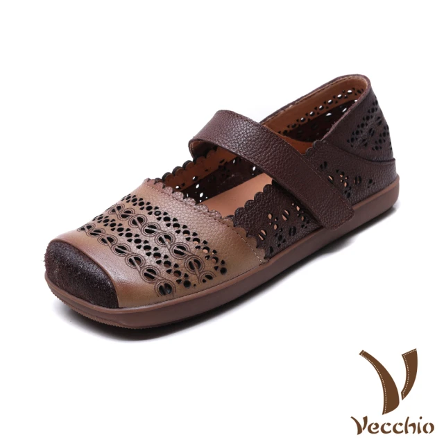 VecchioVecchio 真皮涼鞋 方頭涼鞋/全真皮頭層牛皮復古民族風縷空刻花兩穿法方頭涼鞋(卡其)