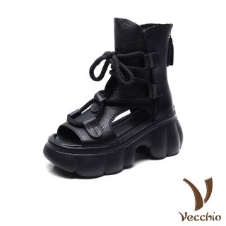 【Vecchio】真皮涼鞋 厚底涼鞋/真皮頭層牛皮魚口露趾鬆糕厚底繫帶羅馬涼鞋 涼靴(黑)