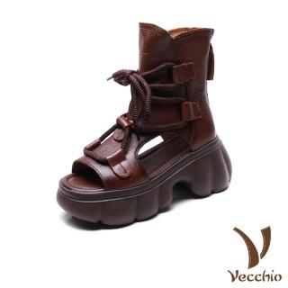 【Vecchio】真皮涼鞋 厚底涼鞋/真皮頭層牛皮魚口露趾鬆糕厚底繫帶羅馬涼鞋 涼靴(棕)