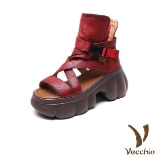 【Vecchio】真皮涼鞋 厚底涼鞋/真皮頭層牛皮經典一字交叉縷空繫帶厚底羅馬涼鞋 涼靴(紅)