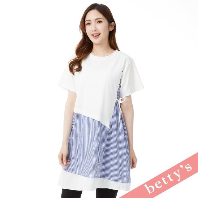 【betty’s 貝蒂思】直條紋拼接綁帶長版T-shirt(白色)