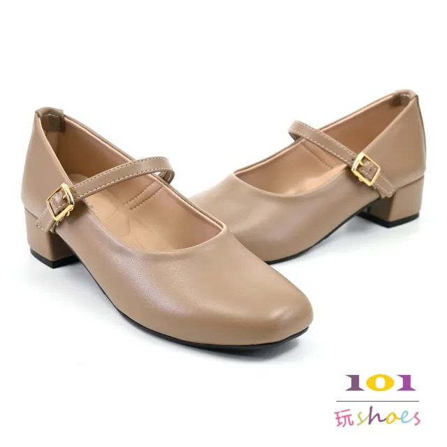 【101 玩Shoes】mit. 大尺碼復古氣質圓頭中跟瑪莉珍鞋(黑色/米色/可可色 41-44碼)