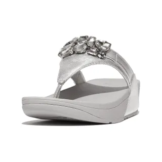 【FitFlop】LULU 華麗寶石金屬皮革夾腳涼鞋(銀色)