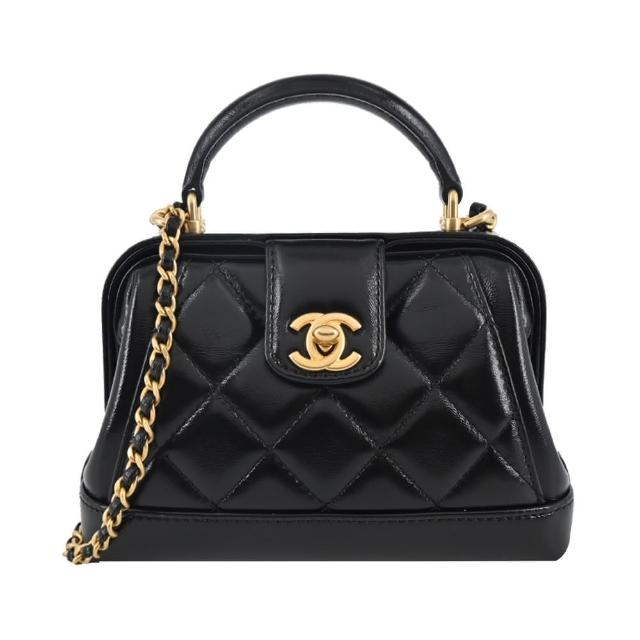 【CHANEL 香奈兒】經典雙C LOGO菱格紋亮面小羊皮迷你手提/斜背包(黑色)