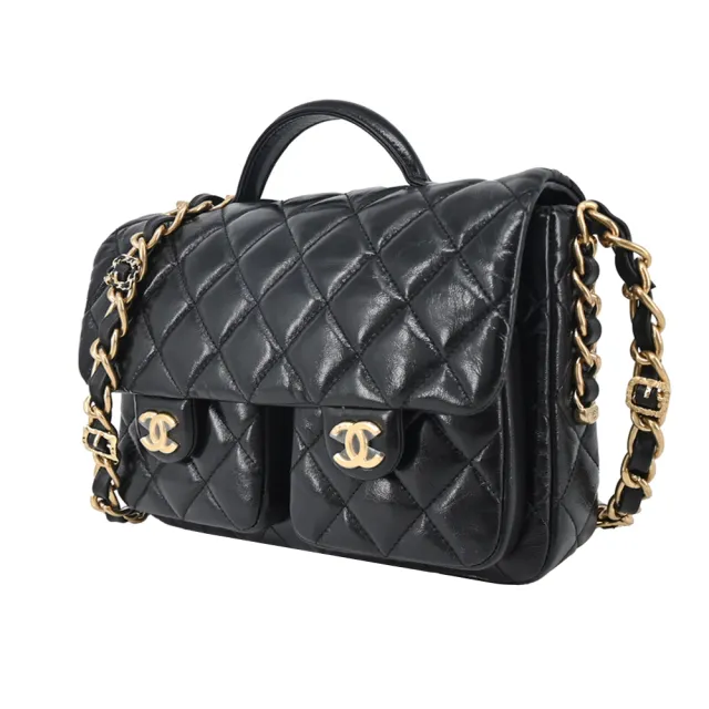 【CHANEL 香奈兒】Flap Bag Top Handle經典雙C LOGO菱格紋小羊皮手提/斜背包(黑色)
