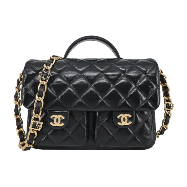 【CHANEL 香奈兒】Flap Bag Top Handle經典雙C LOGO菱格紋小羊皮手提/斜背包(黑色)