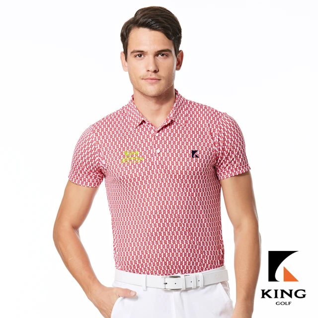 KING GOLF 實體同步款-男款幾何滿版印花LOGO燙印透氣涼感開襟短袖POLO衫/高爾夫球衫(紅色)