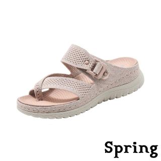【SPRING】厚底拖鞋 一字拖鞋/彈力飛織交叉繞趾一字帶厚底拖鞋(粉)