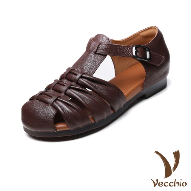 【Vecchio】真皮涼鞋 低跟涼鞋/真皮頭層牛皮手工編織舒適軟底低跟涼鞋(棕)
