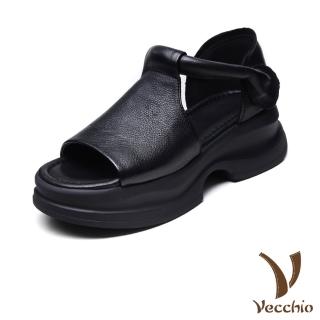 【Vecchio】真皮涼鞋 厚底涼鞋/真皮頭層牛皮手工包根魔鬼粘厚底休閒涼鞋(黑)