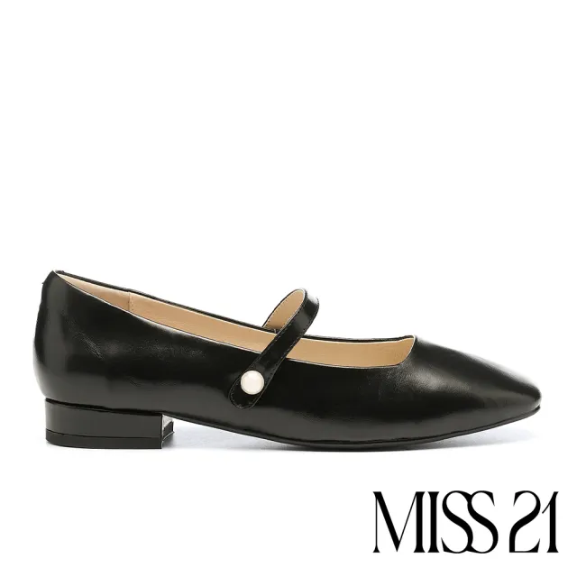 【MISS 21】時髦質感全真皮珍珠繫帶方頭瑪莉珍低跟鞋(黑)