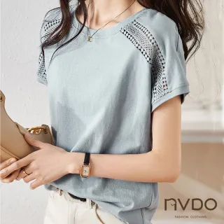 【NVDO】現貨 韓版拼接鏤空美肩短袖上衣(M-2XL/短袖T恤/F194/售完不補)
