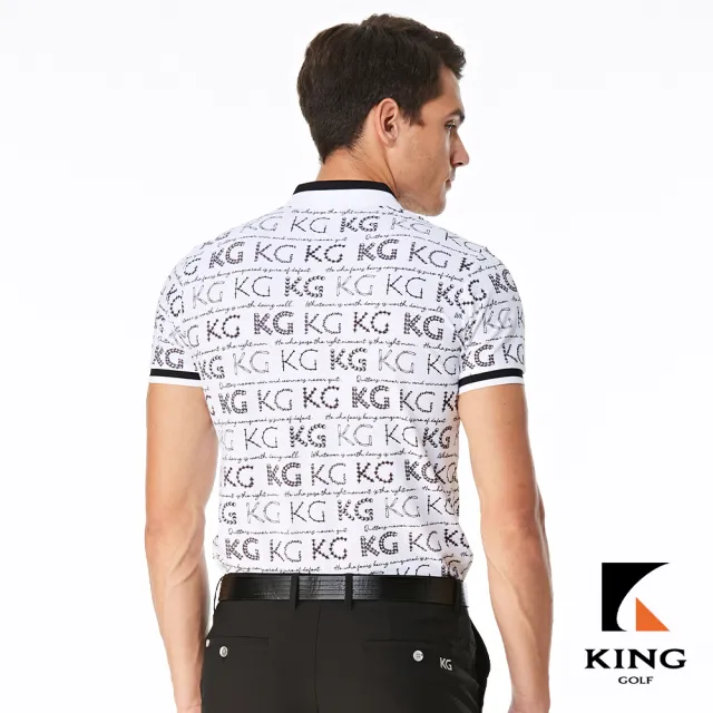 【KING GOLF】實體同步款-男款趣味KG字體印花袖領口雙色剪接透氣涼感開襟短袖POLO衫/高爾夫球衫(白色)