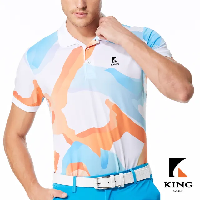 【KING GOLF】實體同步款-男款特殊波浪迷彩圖型羅紋袖口透氣涼感開襟短袖POLO衫/高爾夫球衫(白色)