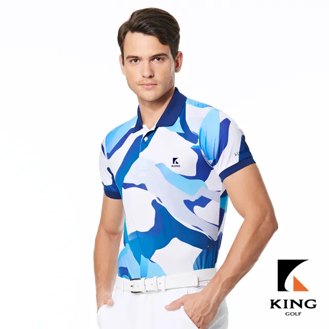 【KING GOLF】實體同步款-男款特殊波浪迷彩圖型羅紋袖口透氣涼感開襟短袖POLO衫/高爾夫球衫(藍色)