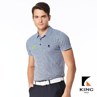 【KING GOLF】實體同步款-男款幾何滿版印花LOGO燙印透氣涼感開襟短袖POLO衫/高爾夫球衫(丈青)