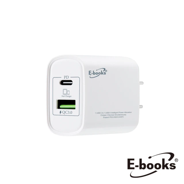 E-books B73 智能穩壓 20W PD+QC3.0雙孔快速充電器