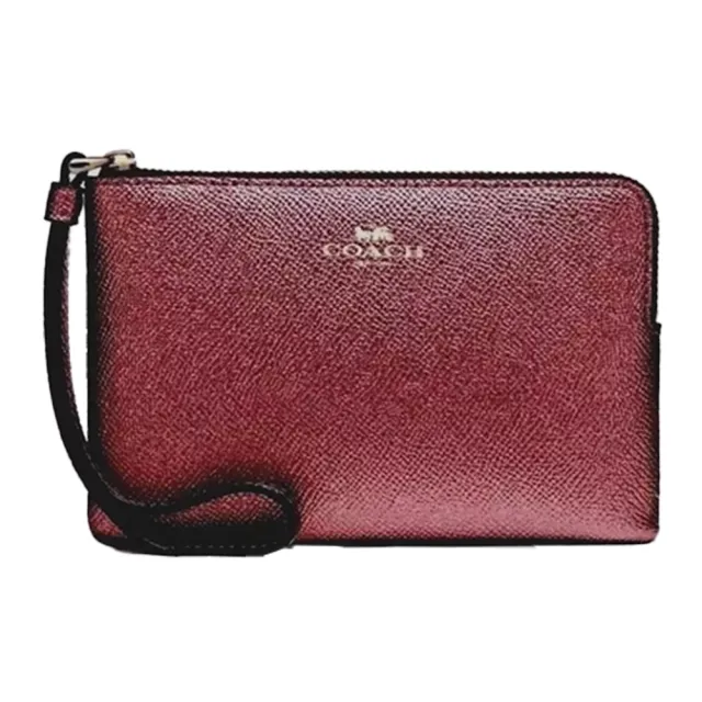 【COACH】素面金屬感皮革L型拉鍊手拿包