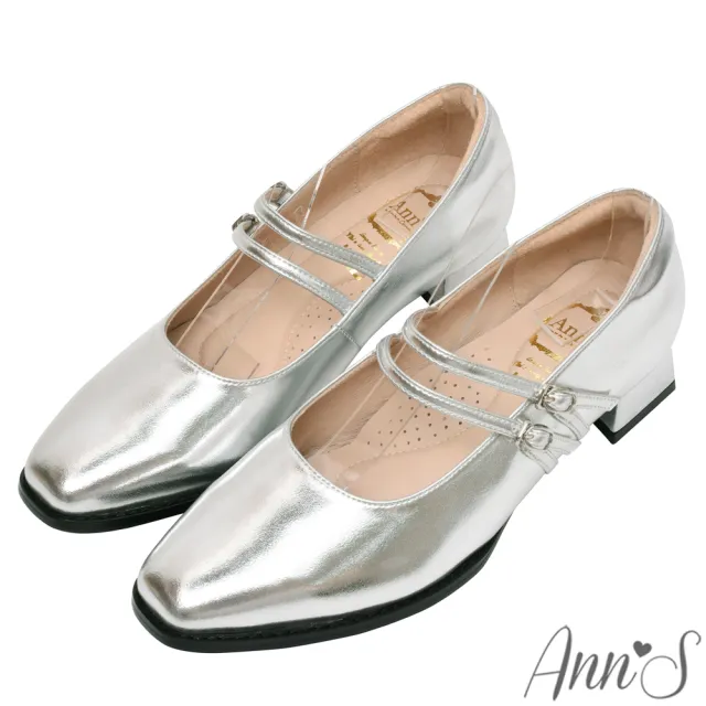 【Ann’S】高訂綿羊皮-雙層細帶 粗低跟瑪莉珍鞋3cm(銀)