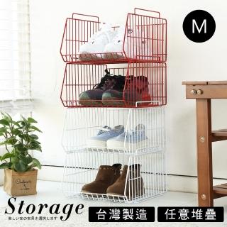 【Akira】臺灣製M號萬用可堆疊斜口籃 4入+耐重萬向地球輪(置物籃 收納籃 整理籃 廚房架 架子 展示架)