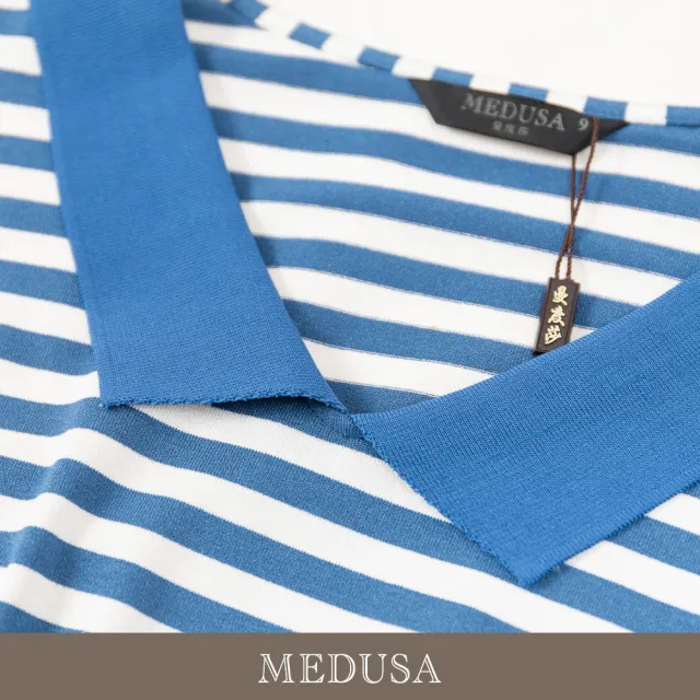 【MEDUSA 曼度莎】現貨-藍色小翻領水鑽橫紋針織上衣（M-2L）｜女上衣 女休閒上衣(301-52201)