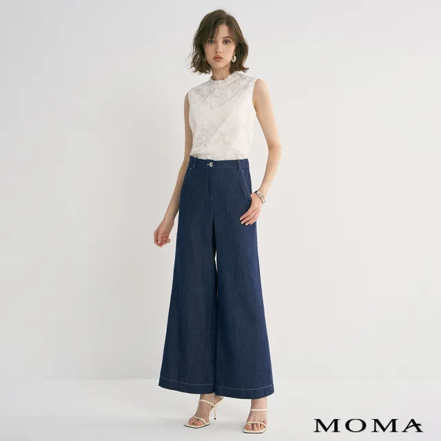 【MOMA】撞色壓線牛仔寬褲(藍色)