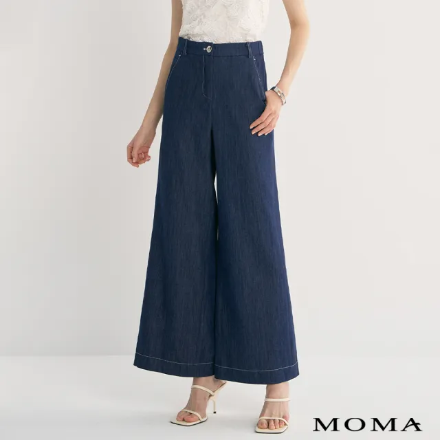 【MOMA】撞色壓線牛仔寬褲(藍色)
