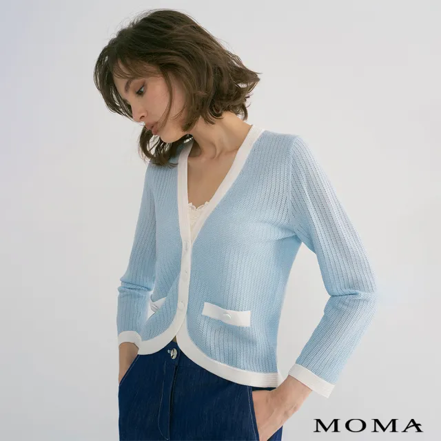 【MOMA】撞色短版薄針織外套(淺藍色)