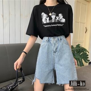【JILLI-KO】後鬆緊破鬚感直筒五分牛仔短褲女-M/L(藍)
