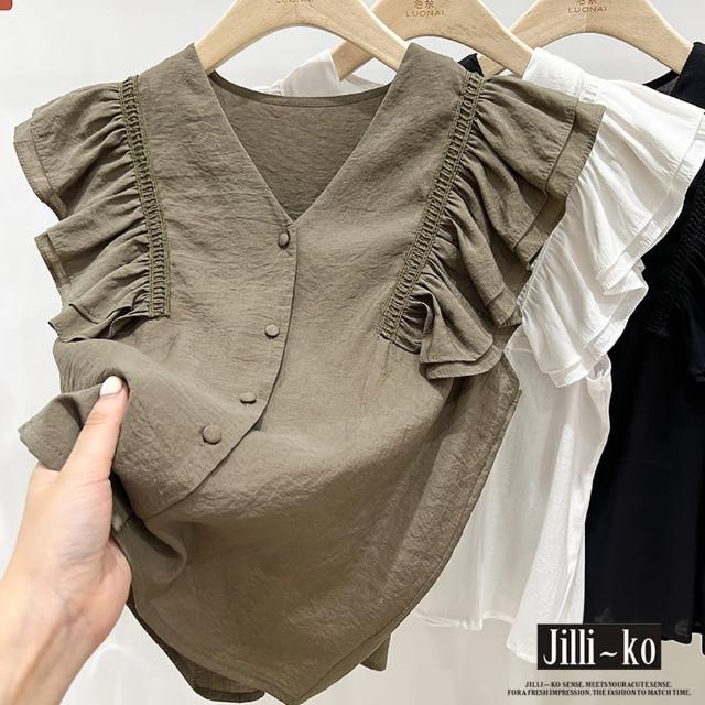 【JILLI-KO】法式荷葉邊V領飛飛袖雪紡襯衫女-F(綠/白)