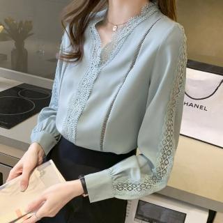 【Very Buy 非常勸敗】預購/歐美春秋季新女裝純色休閒花邊雪紡衫顯瘦長袖套頭襯衫內搭上衣