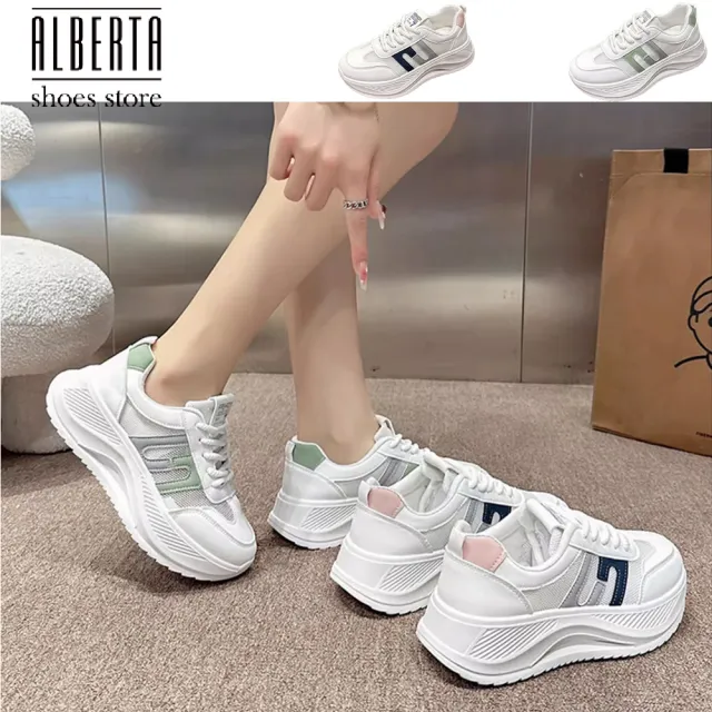 【Alberta】跟高5cm 厚底增高 透氣網面 小白鞋 學生拼接 運動鞋 2色