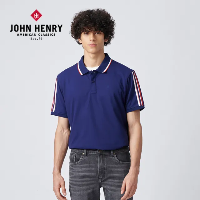 【JOHN HENRY】條紋飾邊配色POLO衫-深藍
