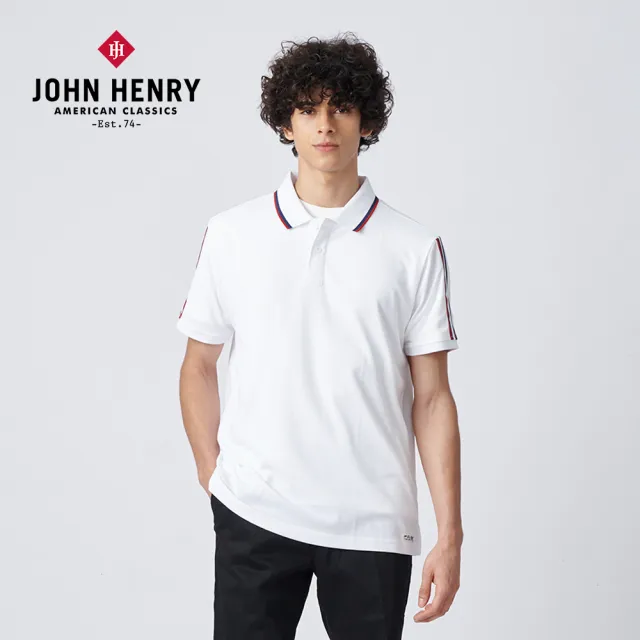 【JOHN HENRY】條紋飾邊配色POLO衫-白色