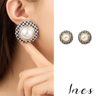 【INES】韓國設計方圓臉顯瘦必備黑白格氣質珍珠夾式耳環(無耳洞耳環 耳夾 夾式耳環 黑白格耳環 珍珠耳環)