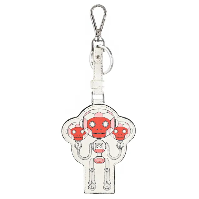 【PRADA 普拉達】限定款機器人猴子皮革雙扣環鑰匙圈吊飾(白邊)