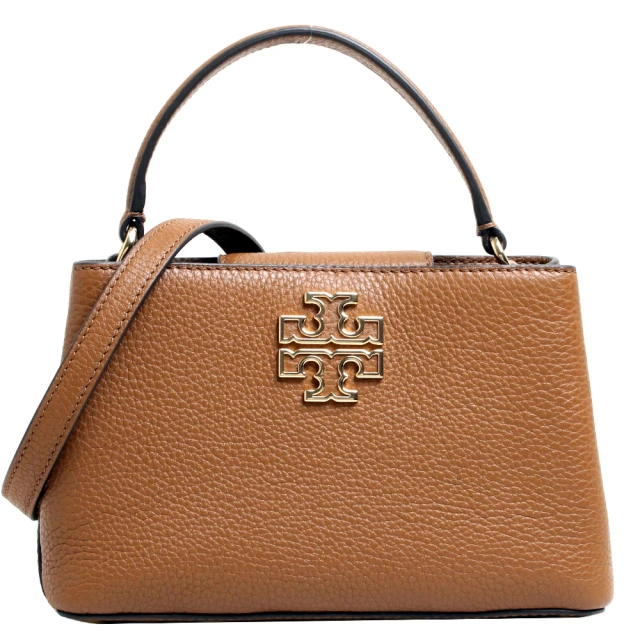 TORY BURCH BRITTEN 鏤空LOGO荔枝紋迷你手提斜背包(焦糖棕)