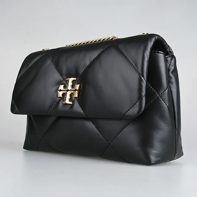【TORY BURCH】KIRA仿舊金字LOGO菱格紋絎縫鏈帶肩背斜背包(黑)