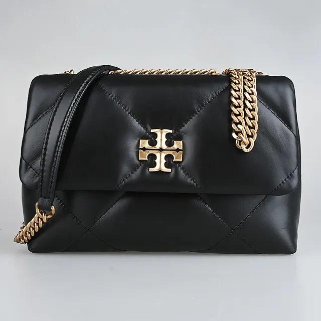 【TORY BURCH】KIRA仿舊金字LOGO菱格紋絎縫鏈帶肩背斜背包(黑)