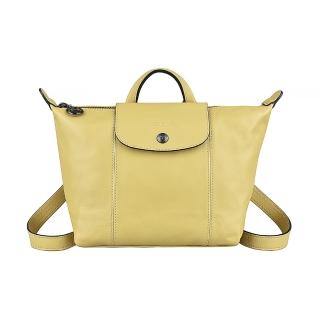 【LONGCHAMP】LONGCHAMP LE PLIAGE CUIR壓印奔馬LOGO拉鍊羊皮手提後背包(沙漠黃)