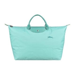 【LONGCHAMP】LONGCHAMP LE PLIAGE GREEN奔馬刺繡LOGO拉鍊再生尼龍手提摺疊旅行包(珊瑚藍)