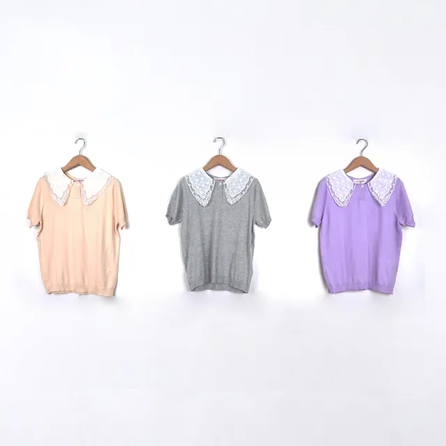 【CUMAR】甜美蕾絲領片針織短袖上衣(杏 紫 灰/魅力商品)