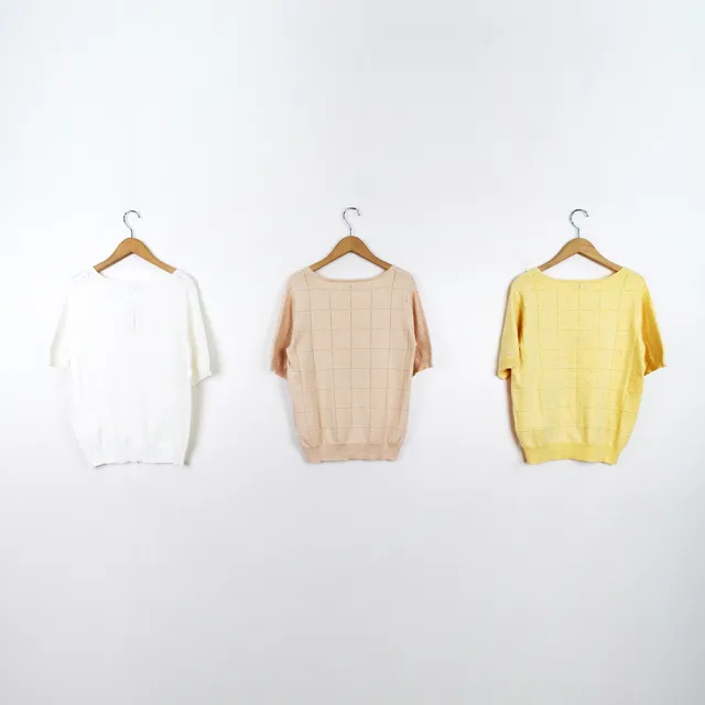 【CUMAR】法式甜美織花片格紋方領針織短袖上衣(白 粉 黃/魅力商品)