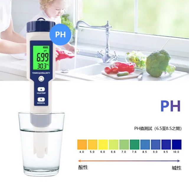 【伊德萊斯】五合一水質檢測筆 PH值酸堿度測試儀 PH/EC/TDS/鹽度/溫度 檢測器(水質測試筆)