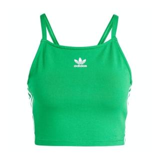 【adidas 愛迪達】3 S Crop Top 女 短版 背心 細肩帶 方領 休閒 經典 三葉草 修身 綠(IN8380)