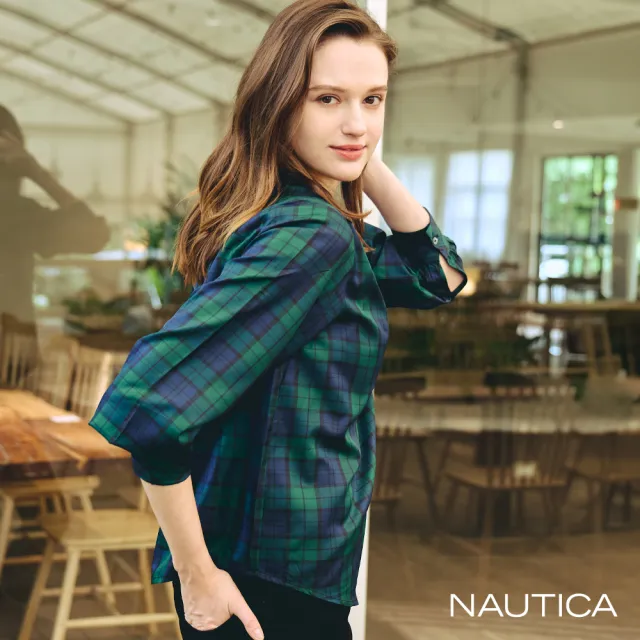 【NAUTICA】女裝 格紋V領小花鑽釦長袖上衣(藍綠色)