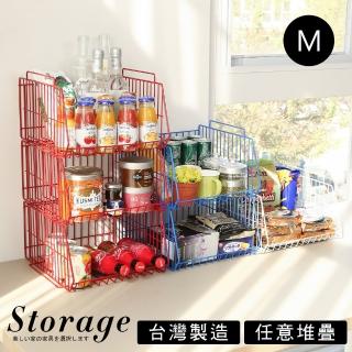 【誠田物集】MIT4入中M可堆疊萬用斜口籃+耐重萬向地球輪(置物籃 收納籃 整理籃 廚房架)